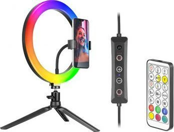 Llambë unazore LED Tracer Ring RGB TRAOSW46807 26 cm me tripod dhe mbajtës telefoni, e zezë