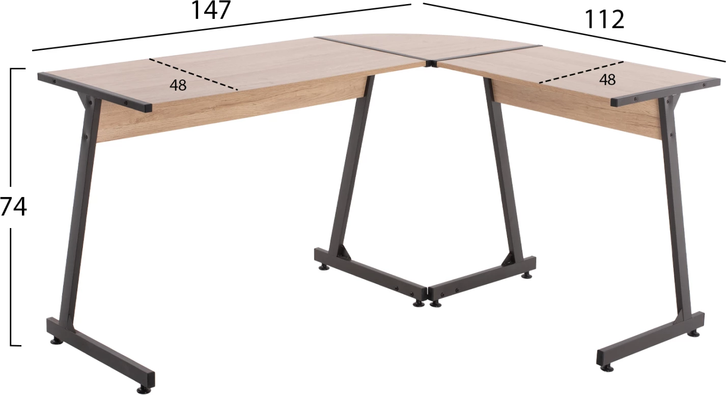 Tavolinë këndore FH9319, kornizë metalike gri e errët dhe sipërfaqe tavoline MDF ngjyrë lisi 147X112X74H cm