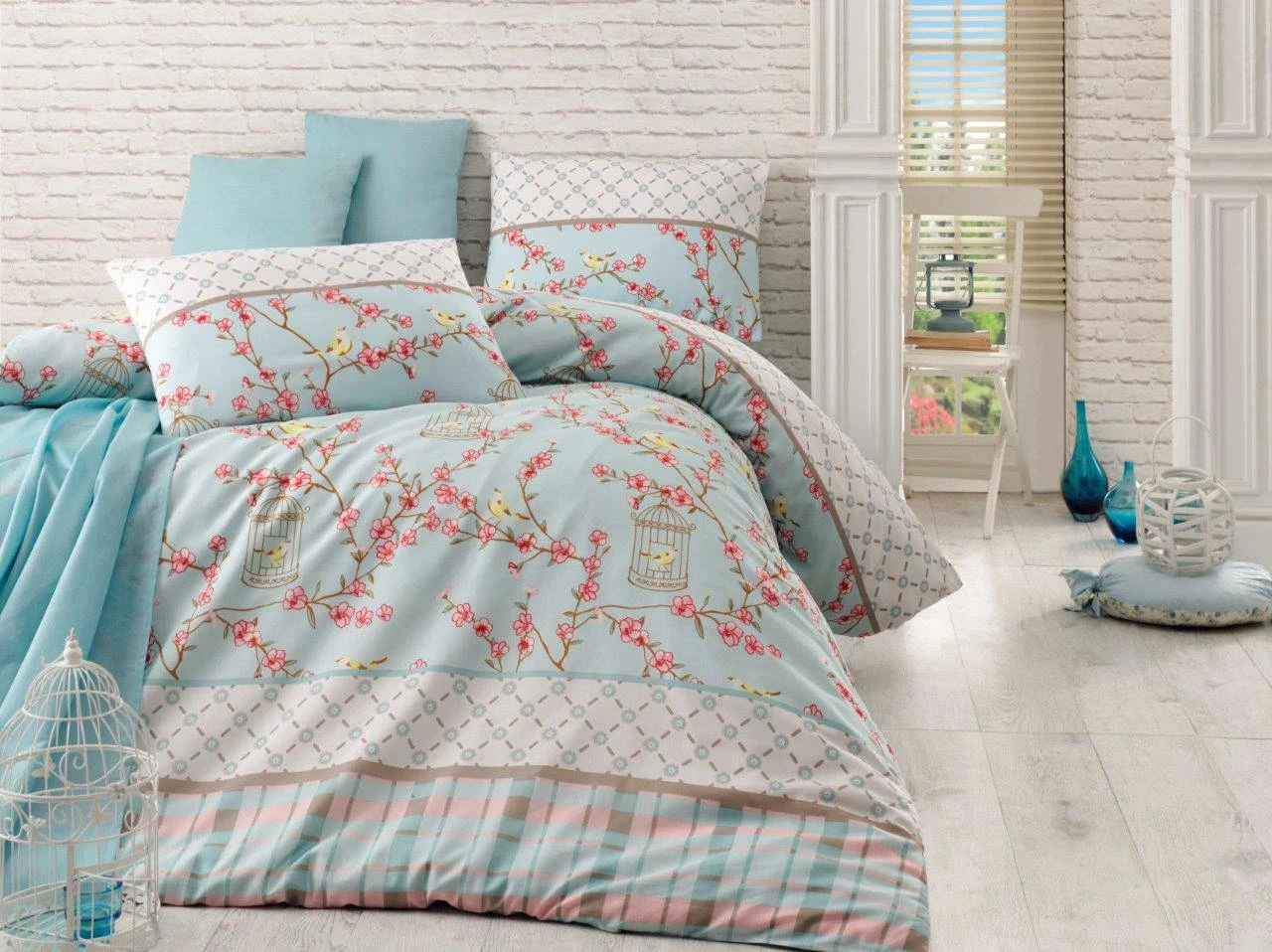 Set mbulesë jorgani Single XXL, Birdcage, ngjyrë tyrkiz
