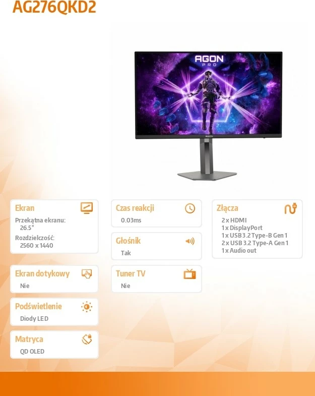 Monitor gaming, AOC, AG276QKD2, 26.5" QHD 2560x1440 QD‑OLED 500Hz 0.03ms HDMI 2.1 DP 2.1 Pivot altoparlantë, e zezë