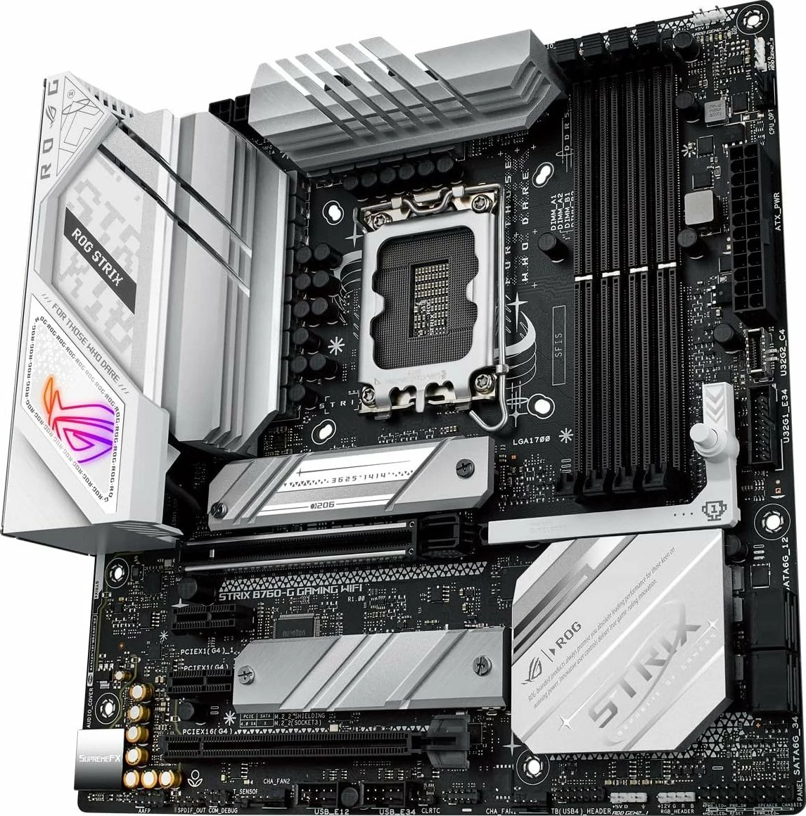 Pllakë amë Asus ROG STRIX B760-G GAMING WIFI, mATX, DDR5, Wi‑Fi 6, Bluetooth, bardhë/zi