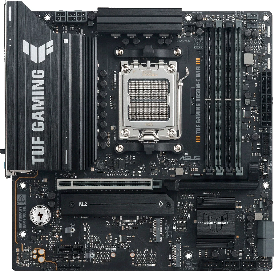 Pllakë amë ASUS TUF Gaming B850M-E WIFI, AM5, mATX, DDR5 4xDIMM, 3x M.2, 4x SATA, PCIe 5.0, 2.5GbE, WiFi 6E, Bluetooth 5.3