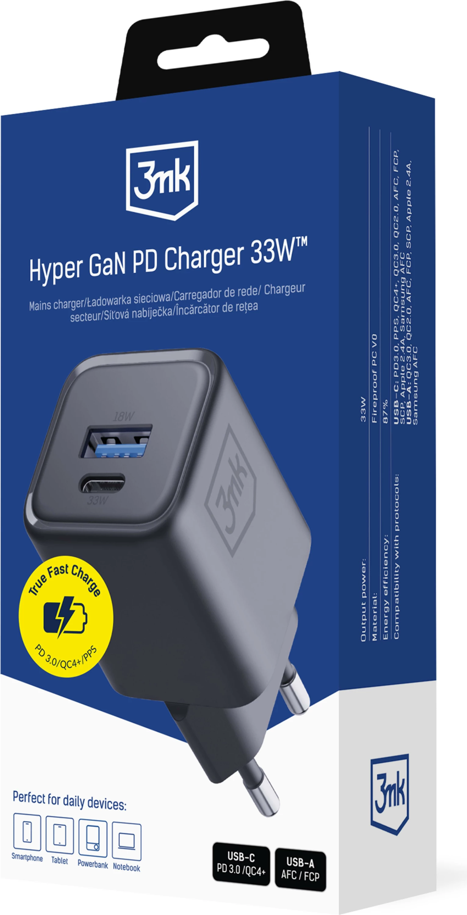 Karikues muri 3mk Hyper GaN PD Charger 33W, USB-C + USB-A (1C1A), PD/PPS/QC4+, i zi, në kuti