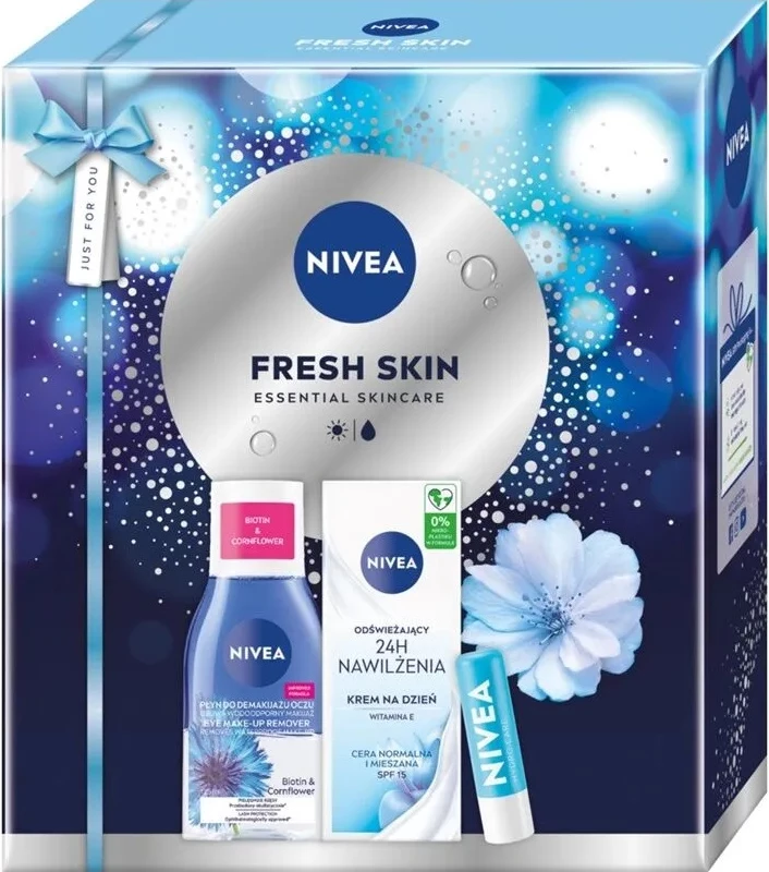 Set kozmetik për femra Nivea Fresh Skin Refreshing Day Cream 50ml + Bi-phase Eye Makeup Remover 125ml + Nourishing Lip Balm 4.8g