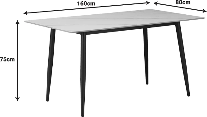 Tavolinë ngrënieje Gustas, gur i sinterizuar, ngjyrë mermeri e bardhë, metal i zi, 160x80x75cm