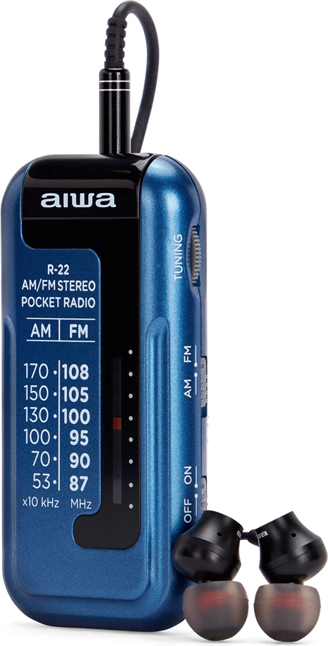 Radio portative xhepi Aiwa R-22BL AM/FM, me kufje, blu, set me bateri AAA