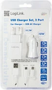 Kit karikimi USB-A LogiLink, 2x USB-A, 10.5 W, karikues muri + veture, i bardhë