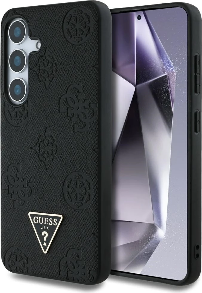 Mbështjellës Guess Grained Hot Stamp Peony Pattern Triangle Logo MagSafe për Samsung Galaxy S25, i zi