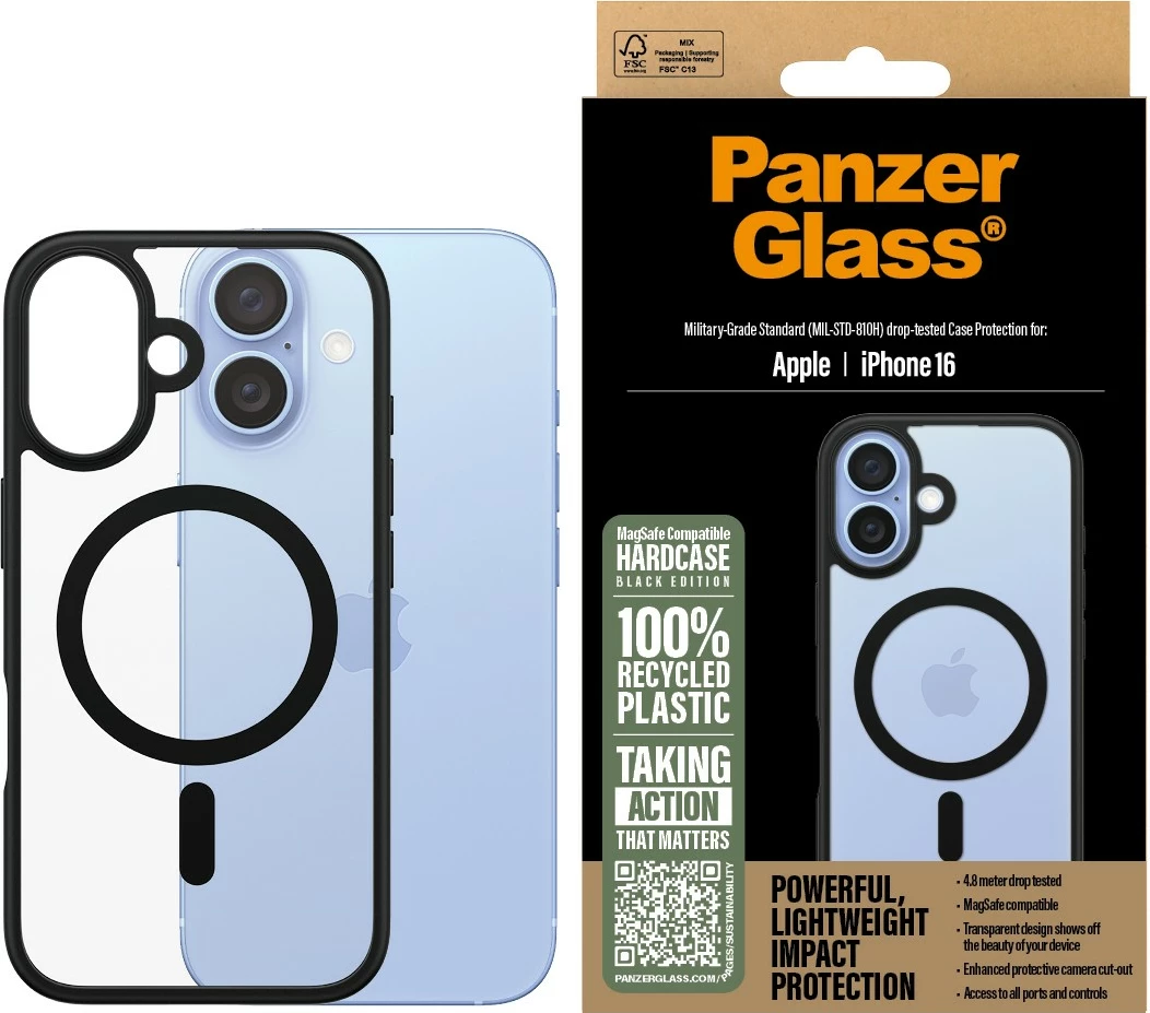 Mbështjellës PanzerGlass HardCase MagSAFE për iPhone 16, transparent/zi