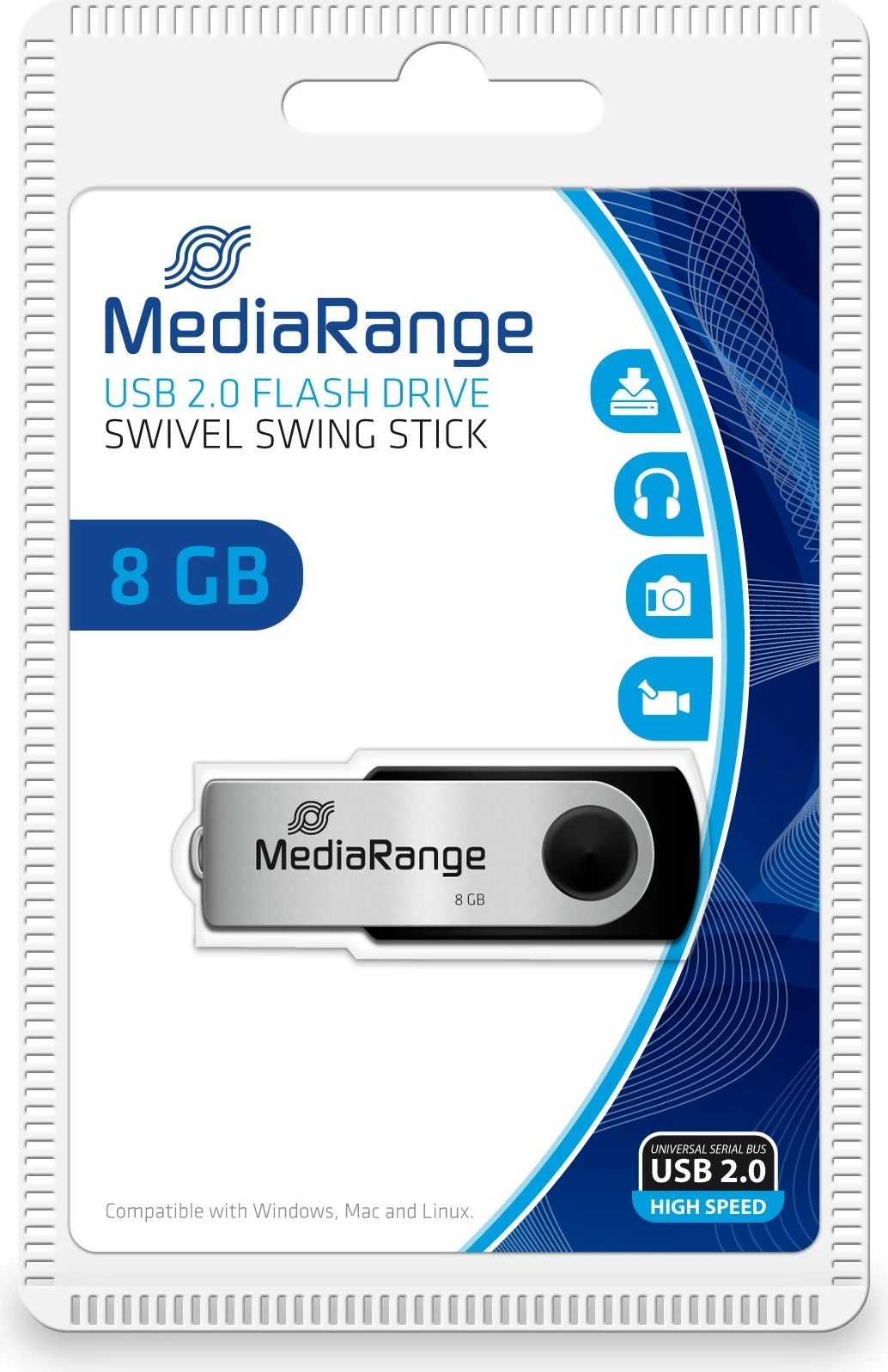 USB flash MediaRange MR908 8GB, USB 2.0, swivel, zi/argjendtë