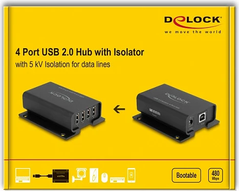USB hub izolues 4-port DeLOCK, USB 2.0, izolim 5 kV, i zi