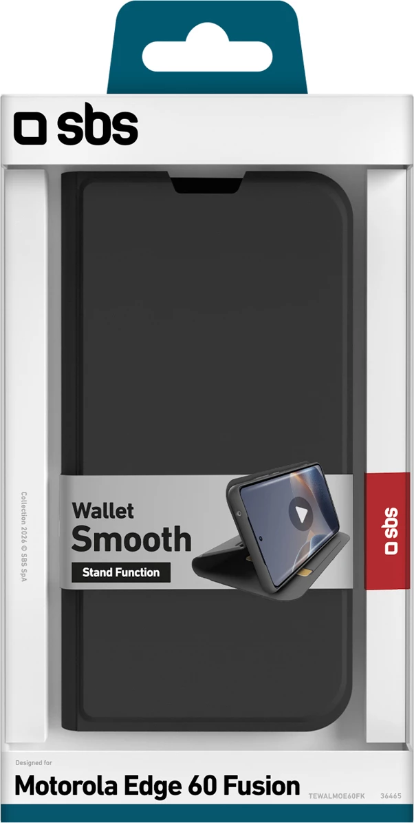 Mbështjellës me kapak SBS Wallet Smooth për Motorola Edge 60 Fusion, me xhep karte, me stand, mbyllje magnetike, i zi