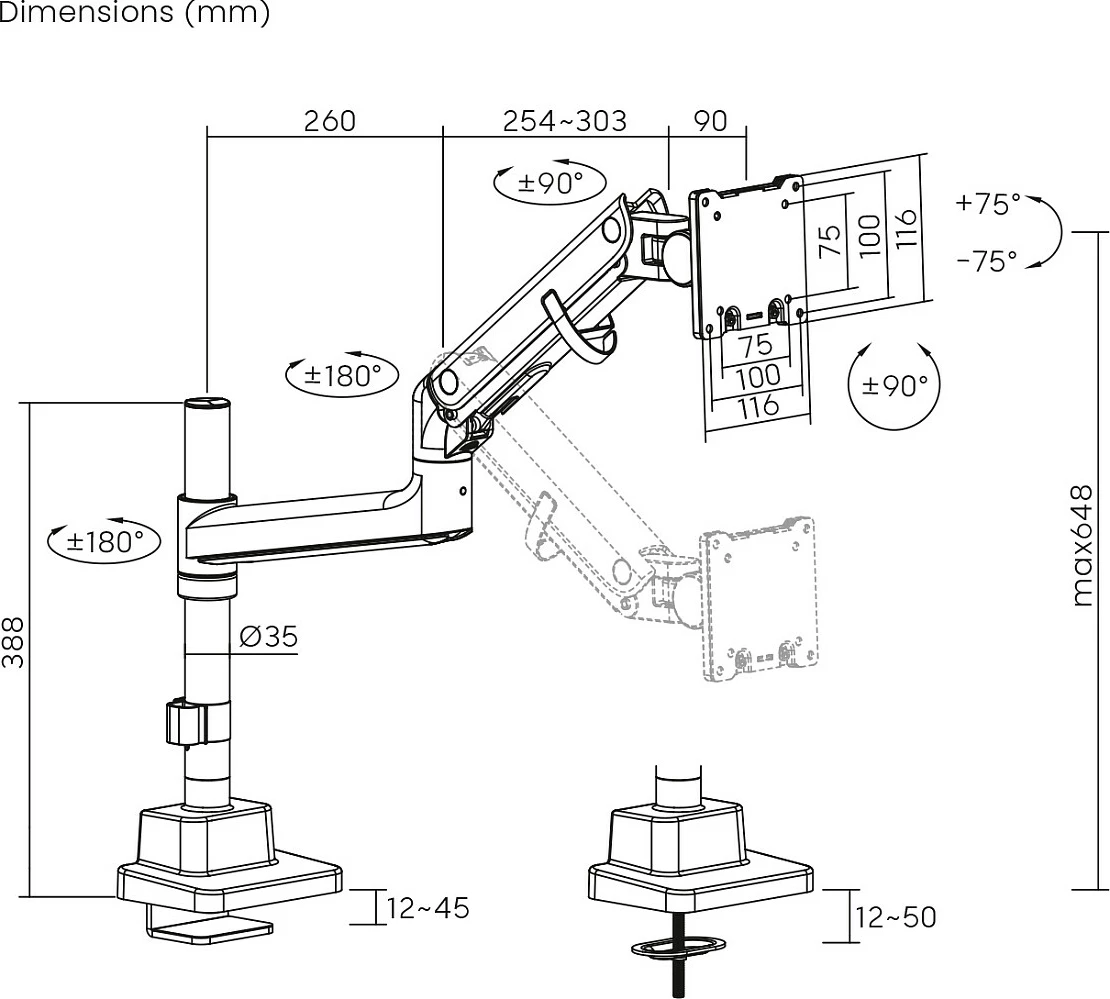 Mbajtëse monitori Digitus Single Monitor Mount, deri 57", 27 kg, VESA 75x75/100x100, clamp, e zezë