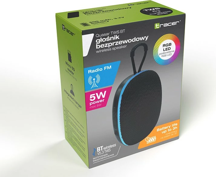 Altoparlant portativ, Tracer Quasar TWS BT TRAGLO47763, 5W, Bluetooth 5.3, TWS, FM radio, microSD/USB, bateri 500 mAh, i zi