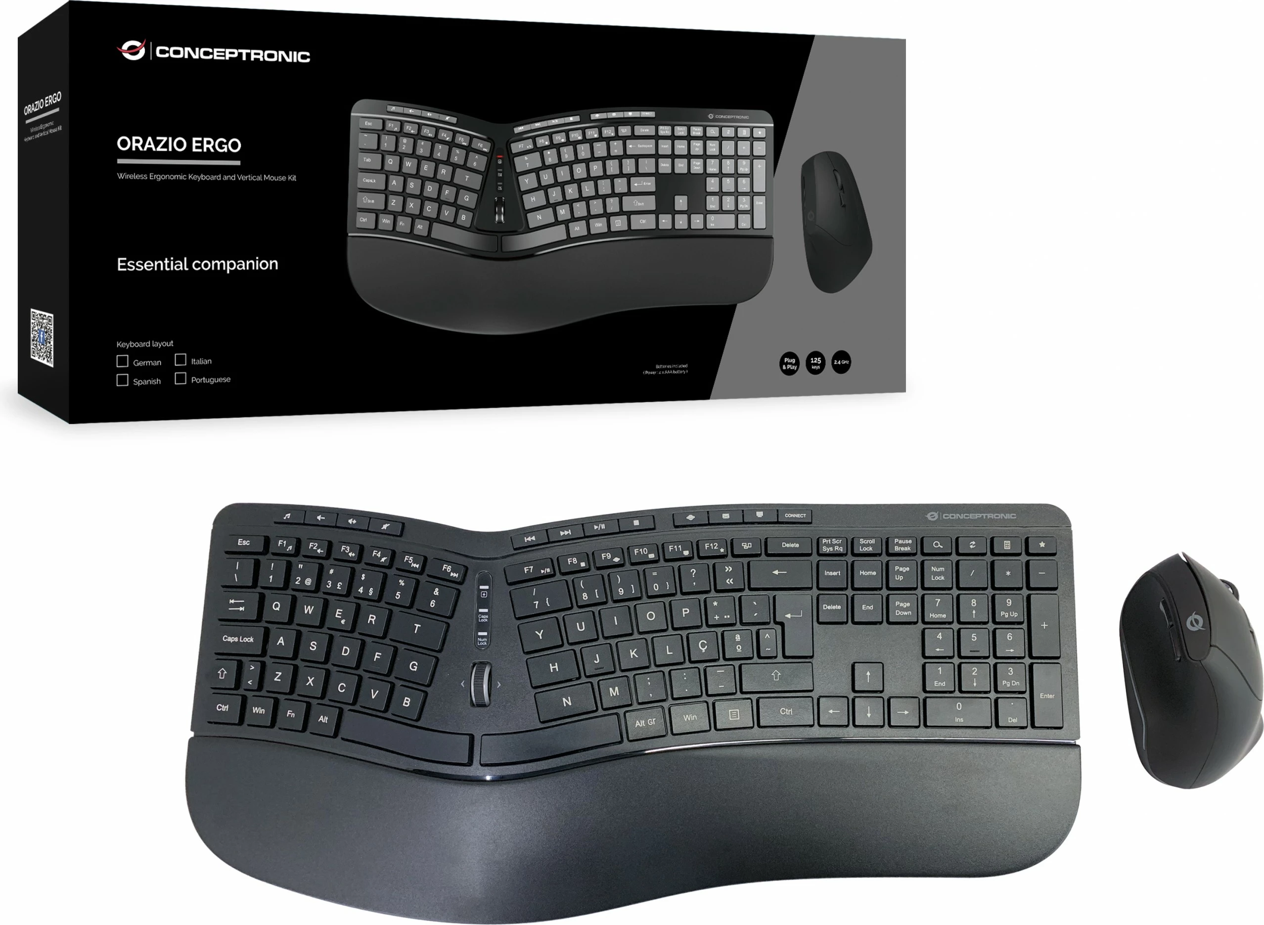 Kasë tastierë e maus wireless Conceptronic, ergo, layout portugjez, e zezë