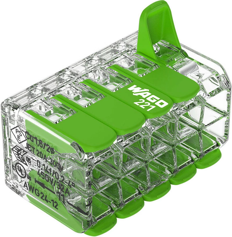 Klemë lidhëse kabllosh WAGO Seria 221 Green Range, 5-hyrje, 0.2-4 mm², 15 copë, transparent/jeshil