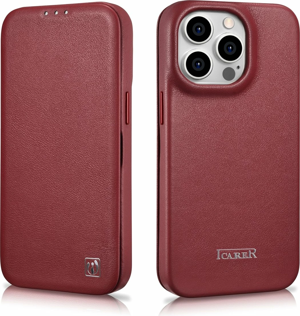 Mbështjellës iCarer CE Premium lëkurë folio për iPhone 14 Pro Max, MagSafe, Kuq