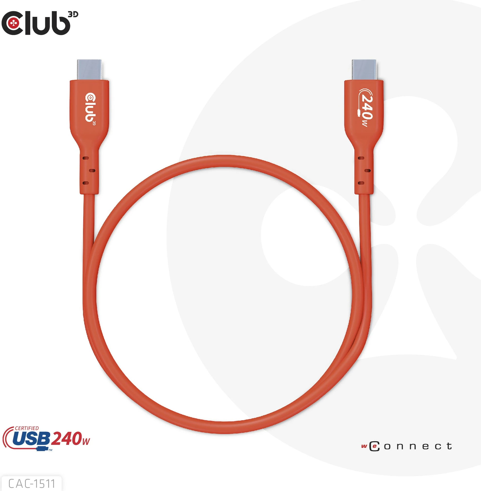 Kabllo USB Type-C Club3D 1m, PD 240W, 480Mb/s, e kuqe