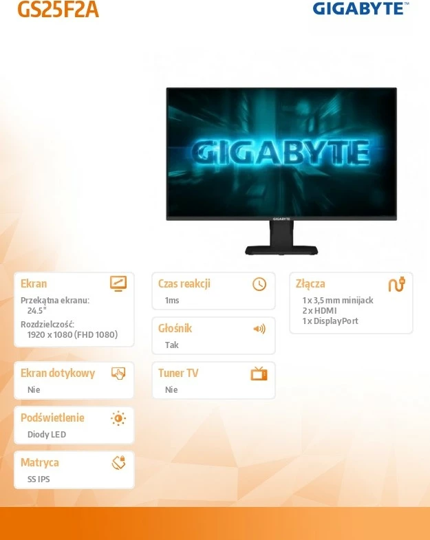 Monitor gaming, Gigabyte, GS25F2A, 24.5 inch FHD 240 Hz 1 ms IPS, me altoparlantë, i zi