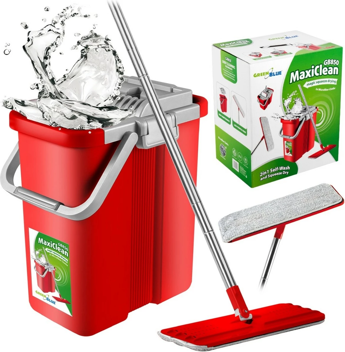 Mop i sheshtë GreenBlue MaxiClean GB850 me kovë dhe shtrydhëse, i kuq