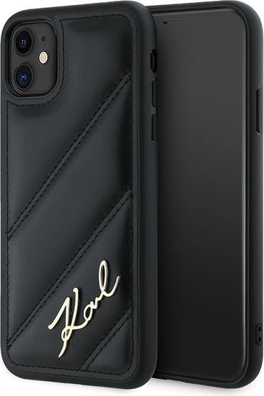 Mbështjellës Karl Lagerfeld Diagonal Quilted Script për iPhone 11/XR, i zi