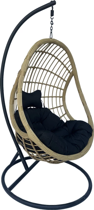 Karrige lëkundëse Cungo me bazë metalike të zezë - rattan bezhë me jastëkë të zinj 125x105x195cm