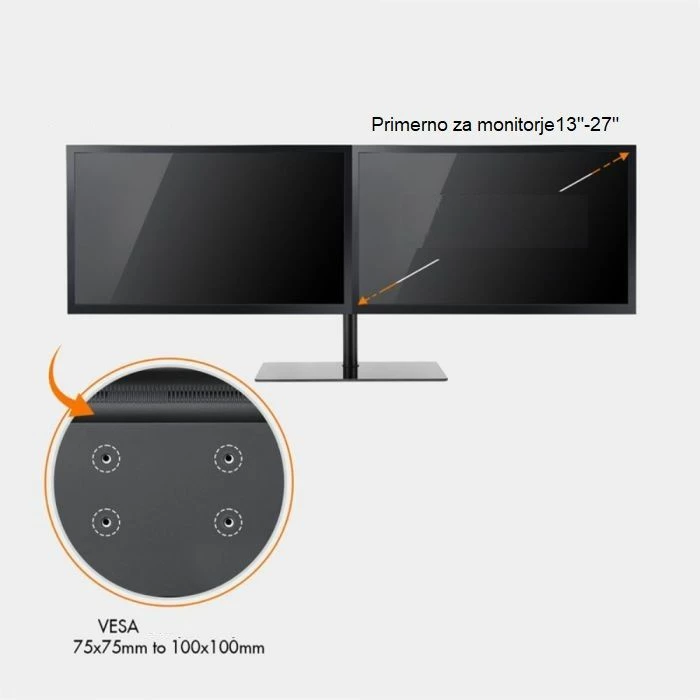Mbajtëse tavoline për dy monitorë VONHAUS 3000484 13-27\", bazë xhami, e zezë