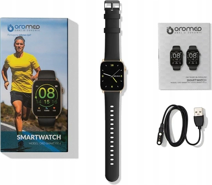 Smartwatch oromed ORO SMART FIT 6, ekran 1.69", matje rrahje zemre dhe oksigjen, IP68, i zi me kornizë të artë