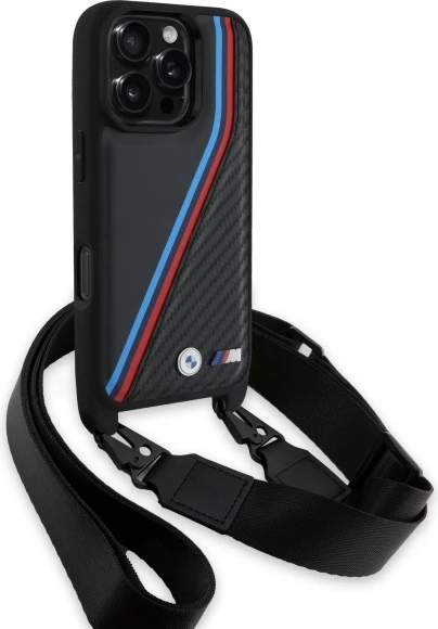 Mbështjellës BMW M Edition Carbon Tricolor Lines me rrip, për iPhone 16 Pro, i zi