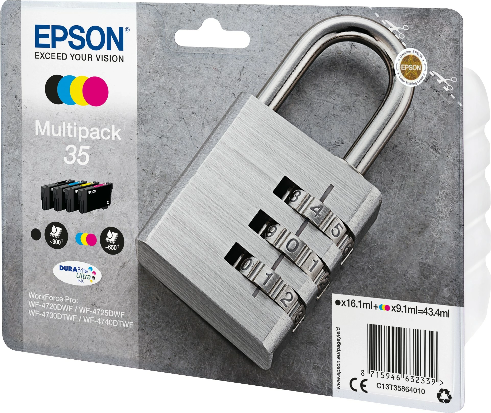 Multipak bojë Epson DURABrite Ultra 35, 4 ngjyra, Standard Yield, e zezë, cian, magenta, e verdhë