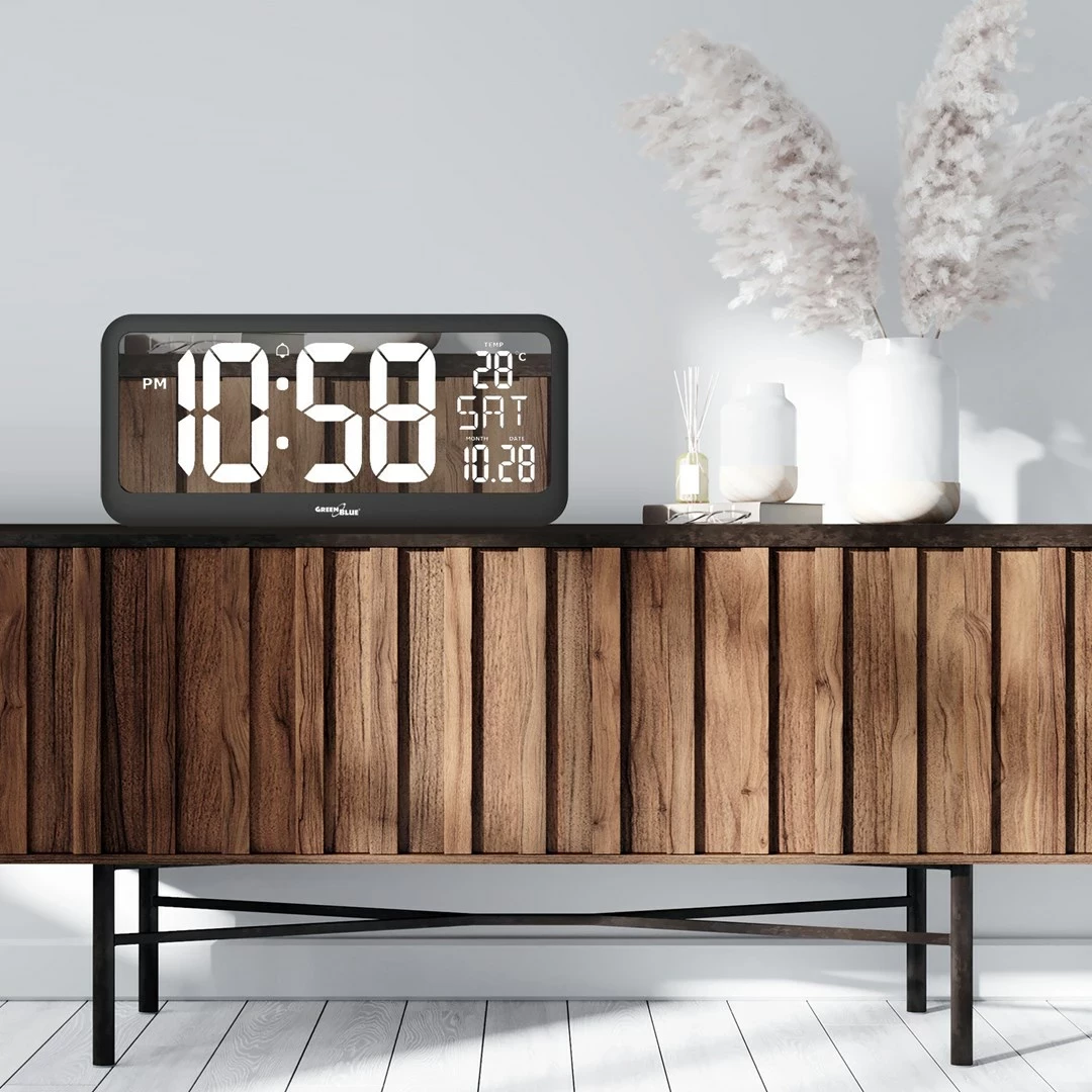 Orë digjitale e madhe Maclean GB214, me sensor temperature, 37x17cm, e zezë
