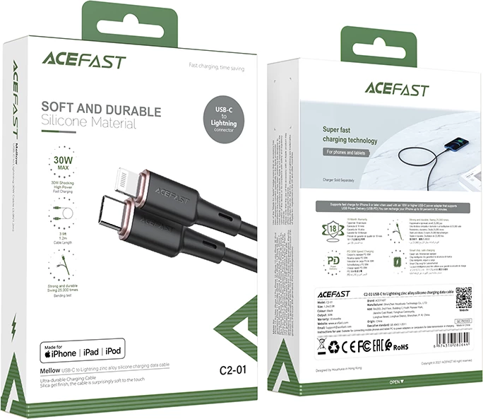 Kabllo Acefast C2-01, USB Type-C në Lightning, 1.2m, 30W, e zezë