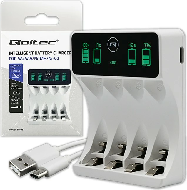 Karikues baterish Qoltec 50848 Ni-MH/NI-Cd AA/AAA me LCD 4 vende USB-C kabllo, i bardhë