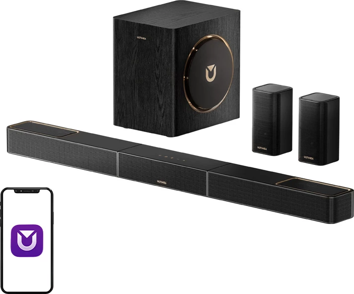 Soundbar Ultimea Skywave X40, Dolby Atmos 5.1.2, 530 W, subwoofer 6.5\", Bluetooth 5.4, 4K HDR passthrough, set me 2 altoparlantë prapa, e zezë