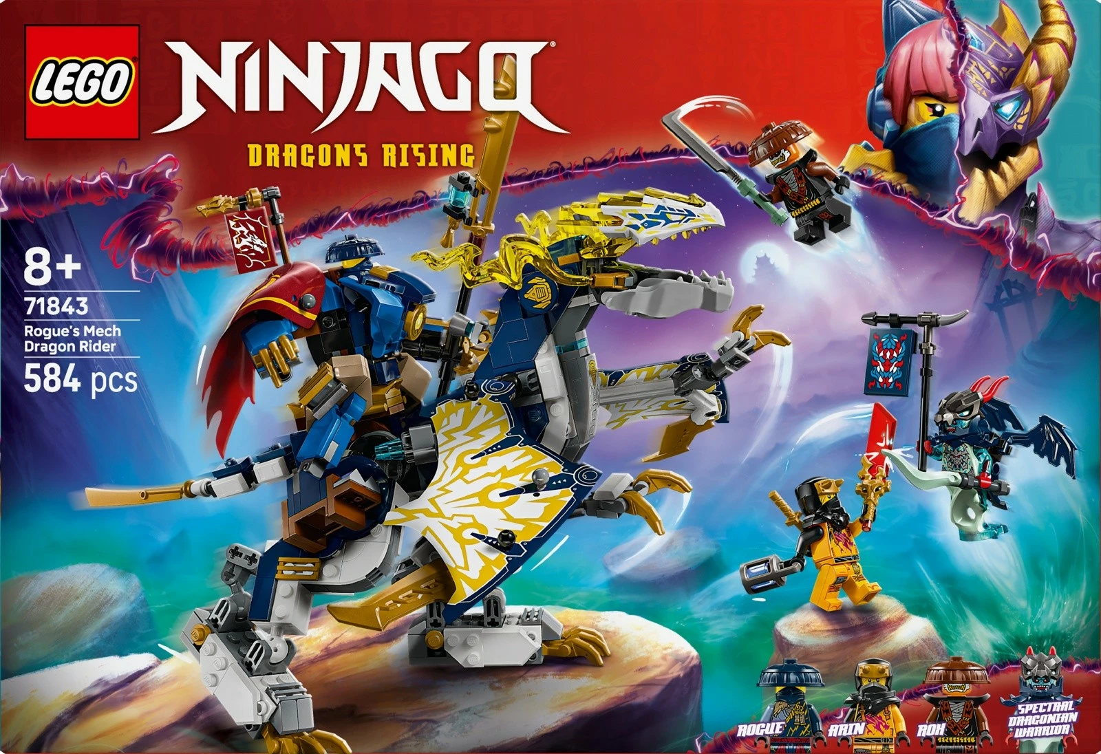 Set ndërtimi LEGO Ninjago Rogue Dragon Rider Mech 71843, 584 pjesë, për fëmijë, shumëngjyrësh