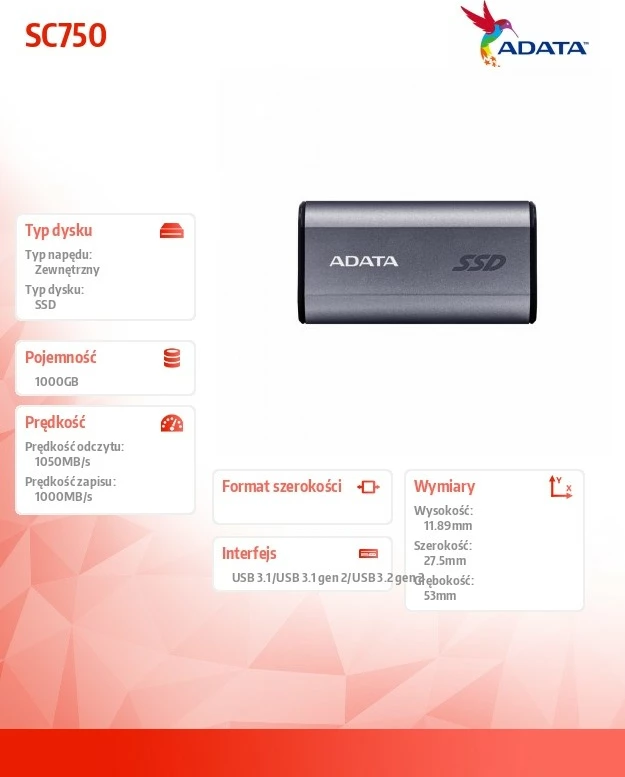 SSD i jashtëm Adata SC750, 1000 GB, USB 3.2, Titanium