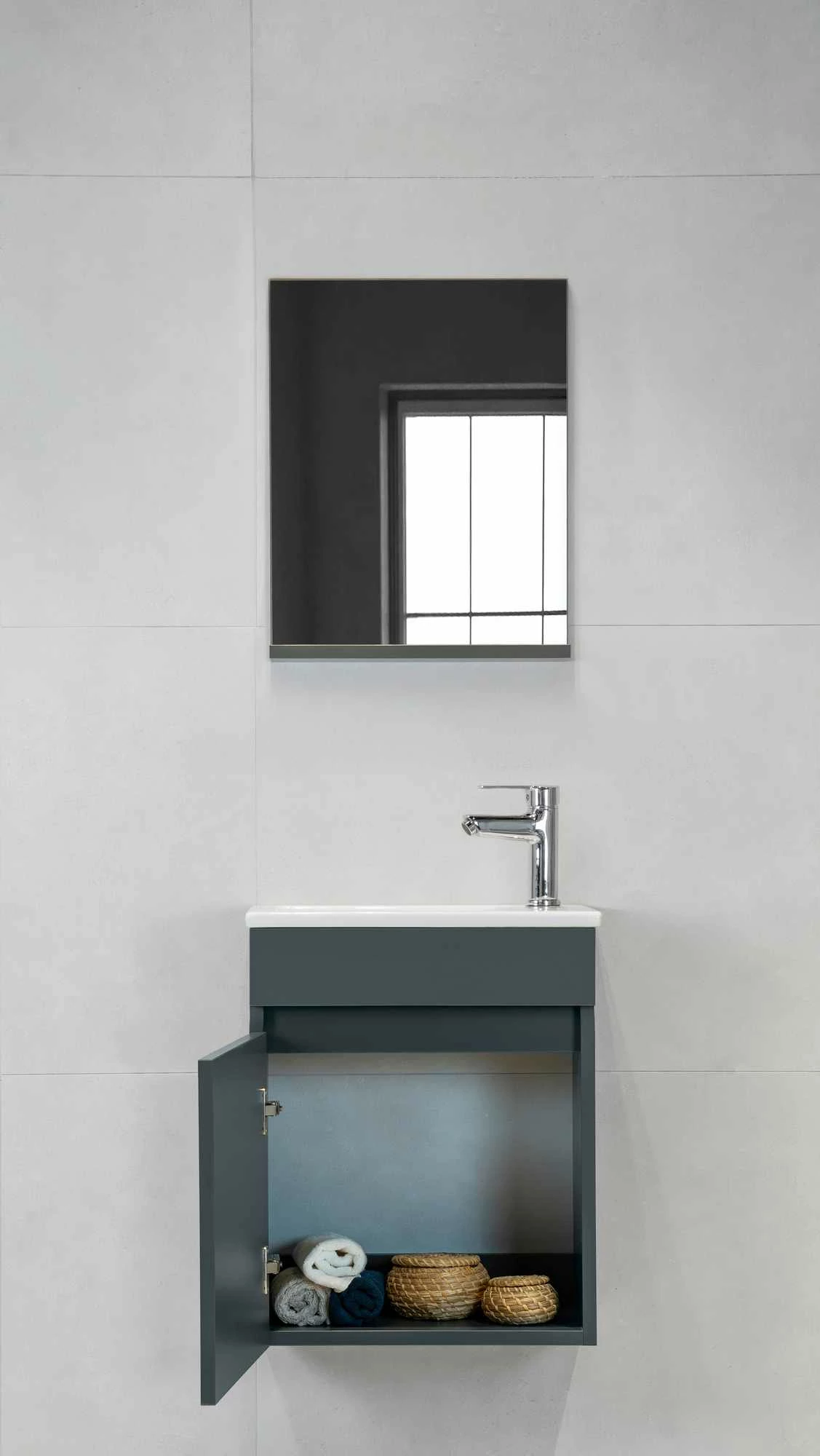 Dollap banjoje, ngjyrë antracit, Skye Decor, me lavaman dhe pasqyrë