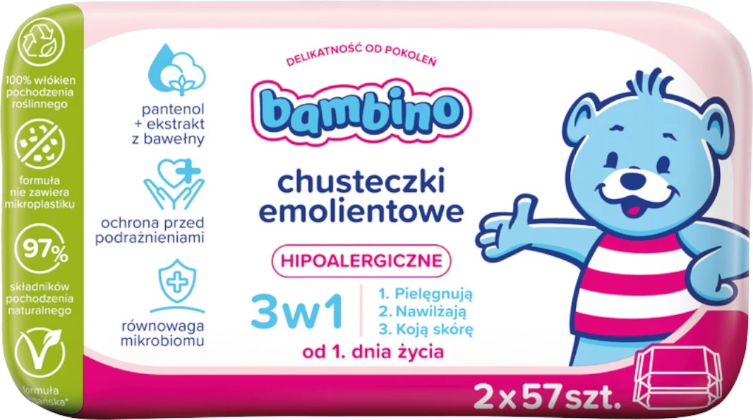 Peceta të lagura Bambino 3-in-1 Emollient Wipes 2x57 copë