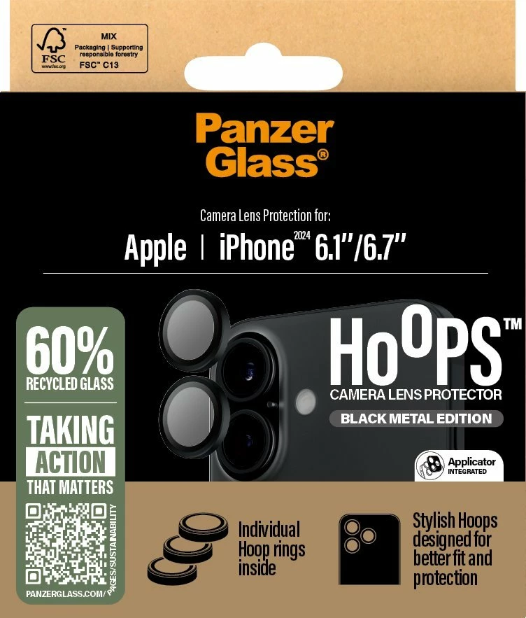Mbrojtës lente kamere PanzerGlass Hoops 1283 për iPhone 16 / 16 Plus 6.1\"/6.7\", i zi, set