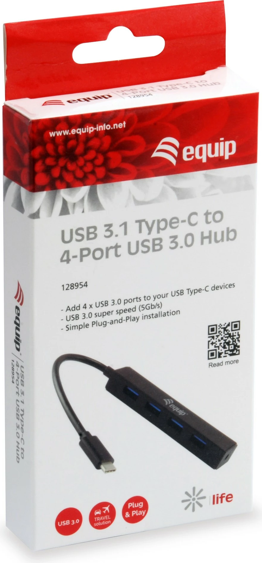 USB hub Equip 128954, 4 porta, USB 3.2 Gen 1, Type-C në Type-A, e zezë