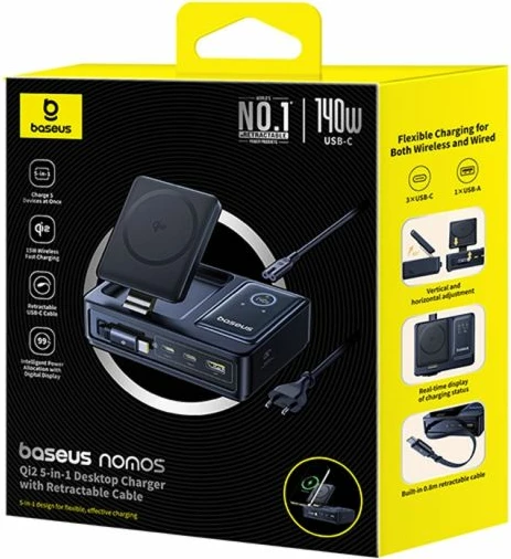 Stacion karikimi 5-në-1 Baseus NOMOS 140W Qi2, i zi