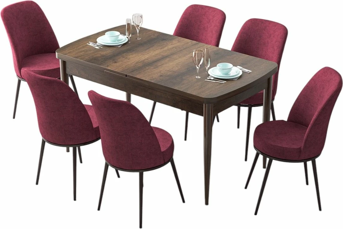 Tavolinë me karrige, zgjatshme, 7 copë, Skye Decor, ngjyrë barok dhe burgundy