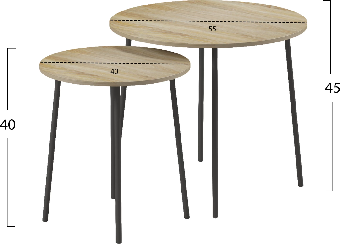 Tavolina kafeje 2 copë, të rrumbullakëta, CUPPER, FH9878.01, melaminë në ngjyrë SONAMA-metal i zi, Φ55x45H cm