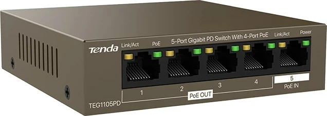 Switch Tenda TEG1105PD, 5 porta Gigabit, PoE, Metal, Bronzi
