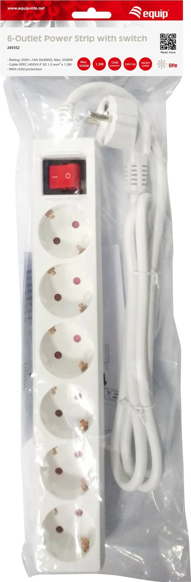 Shtrirëse rryme EQUIP 245552, 6 dalje, 1.5m, plastikë, e bardhë