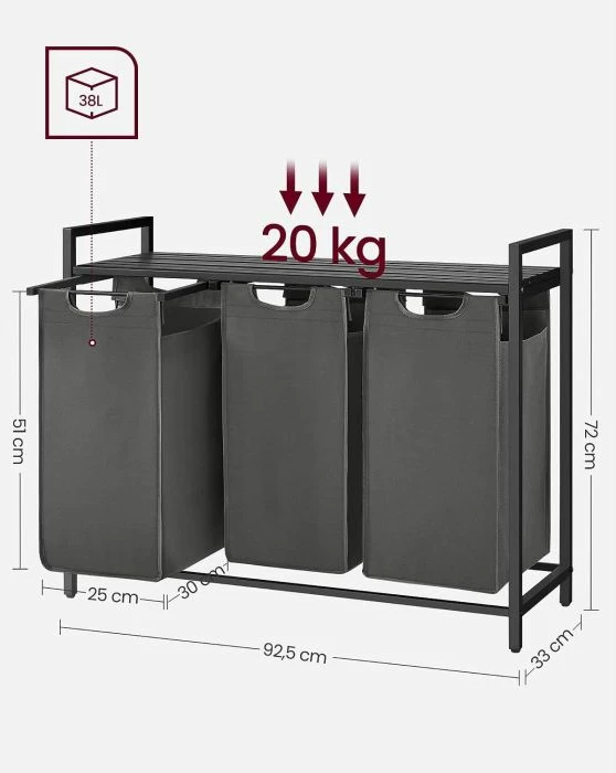 kosh rrobash VASAGLE BLH301G01, 3 ndarje, 114 L, me raft, 92.5 x 33 x 72 cm, e zezë