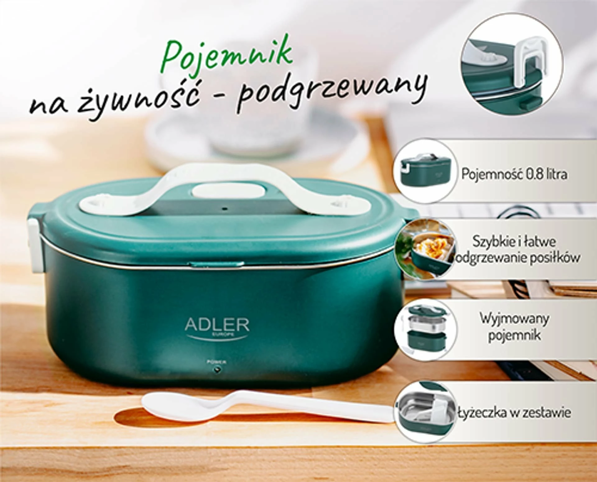 Enë ushqimi elektrike Adler AD 4505, 0.8 L, inox SUS304, ngrohëse, jeshile, me lugë