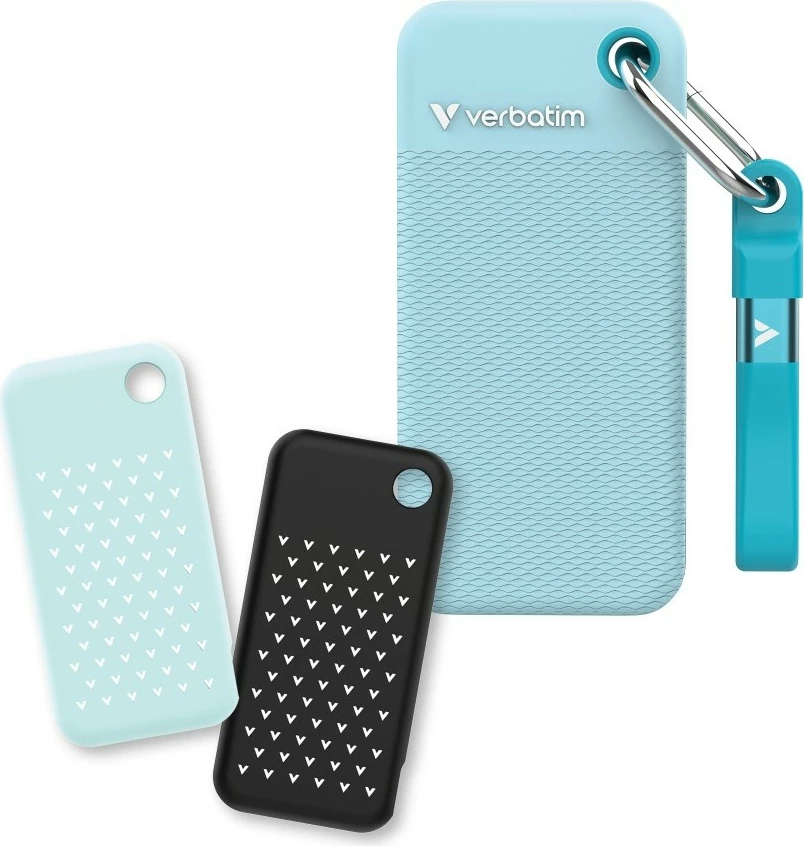 SSD i jashtëm, Verbatim, Pocket SSD Summer Edition 32324, 1TB, M.2, USB-C 3.2 Gen 2 deri 1000MB/s, blu, set me 2 kapakë gome/kabllo/varëse/çantë