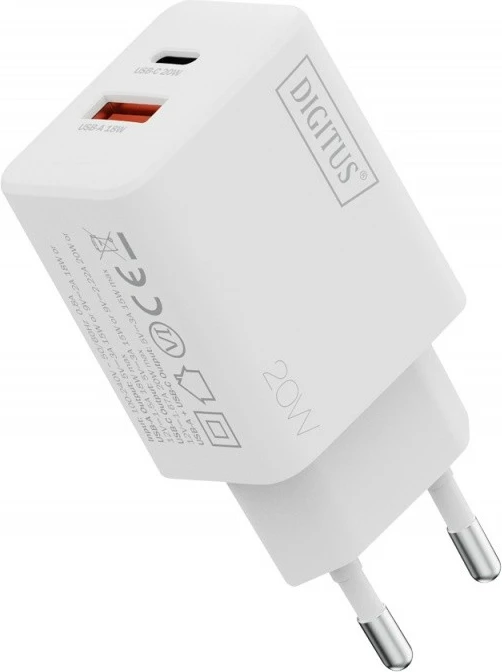 Karikues murale USB 20W, Digitus DA-10300, 1x USB-C + 1x USB-A, i bardhë