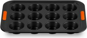 Tepsi muffins Le Creuset 46058000010000, çelik karboni, jo-ngjitëse, 12 vende, 40x30x4 cm, e zezë/portokalli